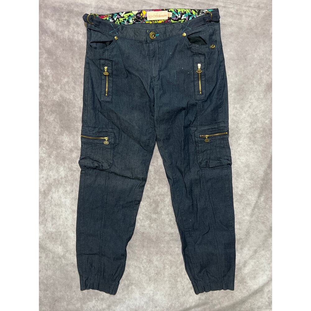 VINTAGE Y2K Women's Ecko Red Denim Cargo Pants with Gold Accents size 7/8